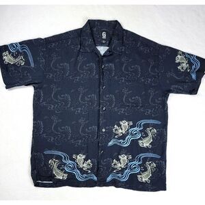 Guess Jeans Y2K Japanese Koi Fish Button-Up Shirt Mens Size XL Black Embroidered